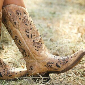 CORRAL Vintage BOTAS ROJERO Snip Toe ANTIQUE Saddle Brushed FLORAL Overlay 7
